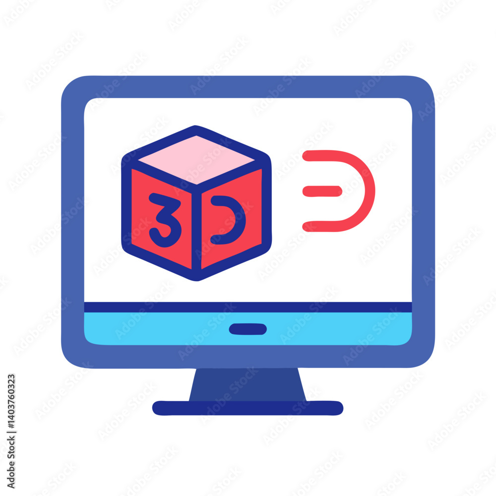 Computer with 3D Model Icon Representing Digital Design or 3D Rendering Computer with 3D Model Icon Representing Digital Design or 3D Rendering