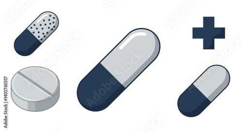 Different types of medication capsules and tablets in flat vector art style