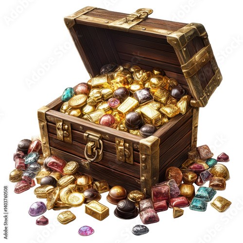 Treasure chest overflowing with gold chocolates and colorful gems captures the essence of indulgence, Treasure Chest Bursting with Gold Chocolates and Gems, Transparent background