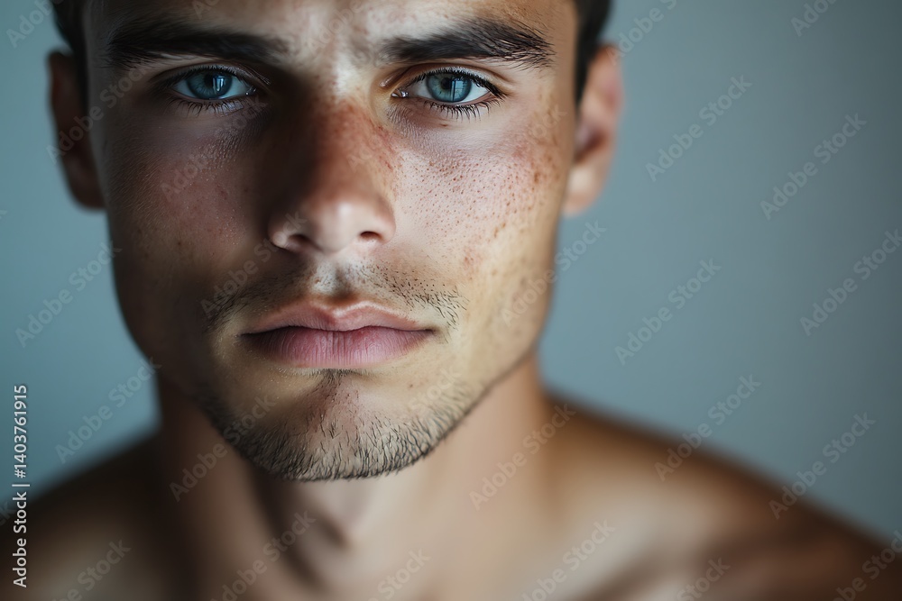 Obraz premium Portrait of Man with Blemishes in Neutral Studio Lighting