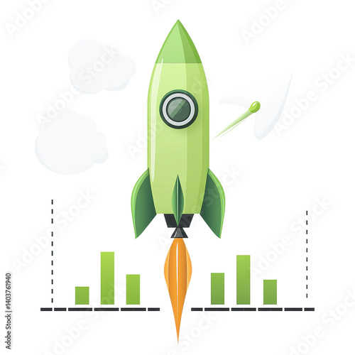 Cute green rocket launch with bar graphs and a Transparent background set in a playful design style, PNG background cute green rocket launch with a bar graph on a transparent