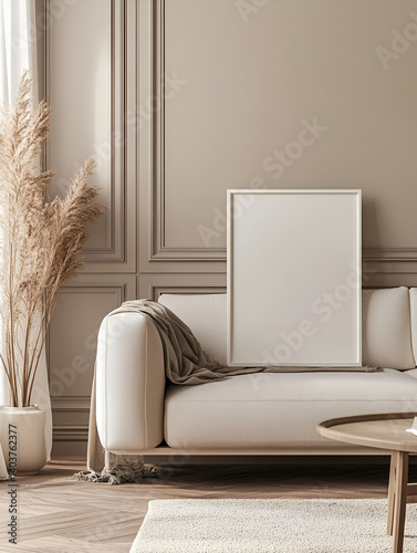 modern interior design mockup background with a blank poster frame, sofa and coffee table in light beige tones, minimalist style, natural lighting, high resolution photography