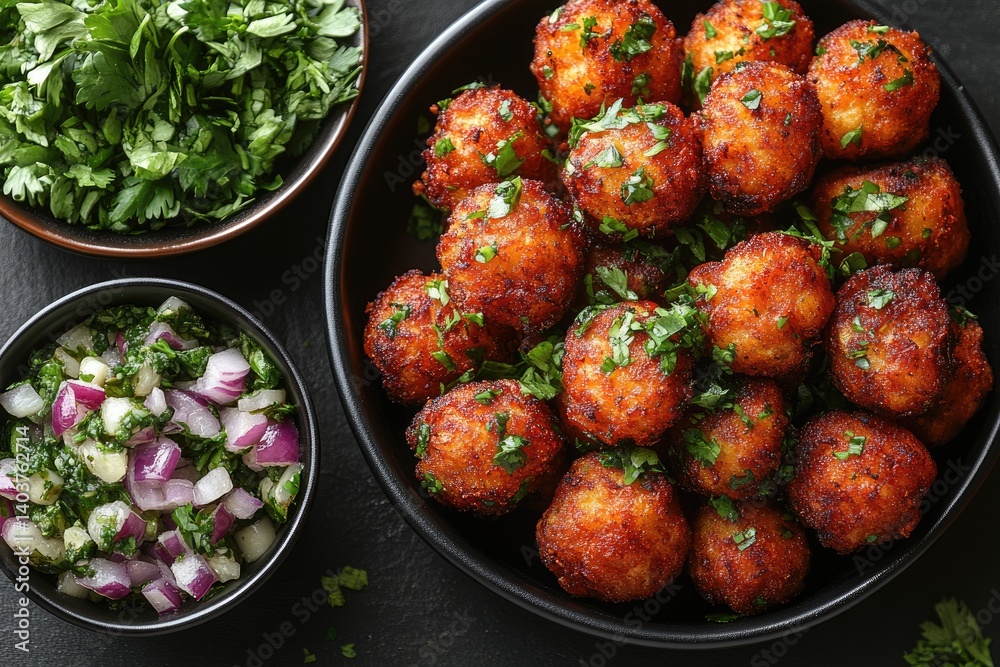 Crispy Fried Potato Balls with Cilantro Garnish Crispy Fried Potato Balls with Cilantro Garnish