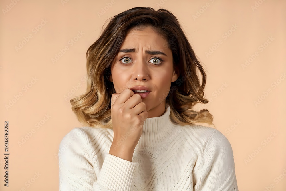 Worried young woman biting her nails, expressing anxiety and emotional distress