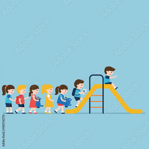 Children Playing on Slide with Minimalist Design in Vector Art Style