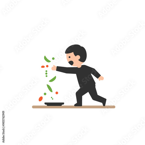 Child happily tossing vegetables into a bowl in flat vector art