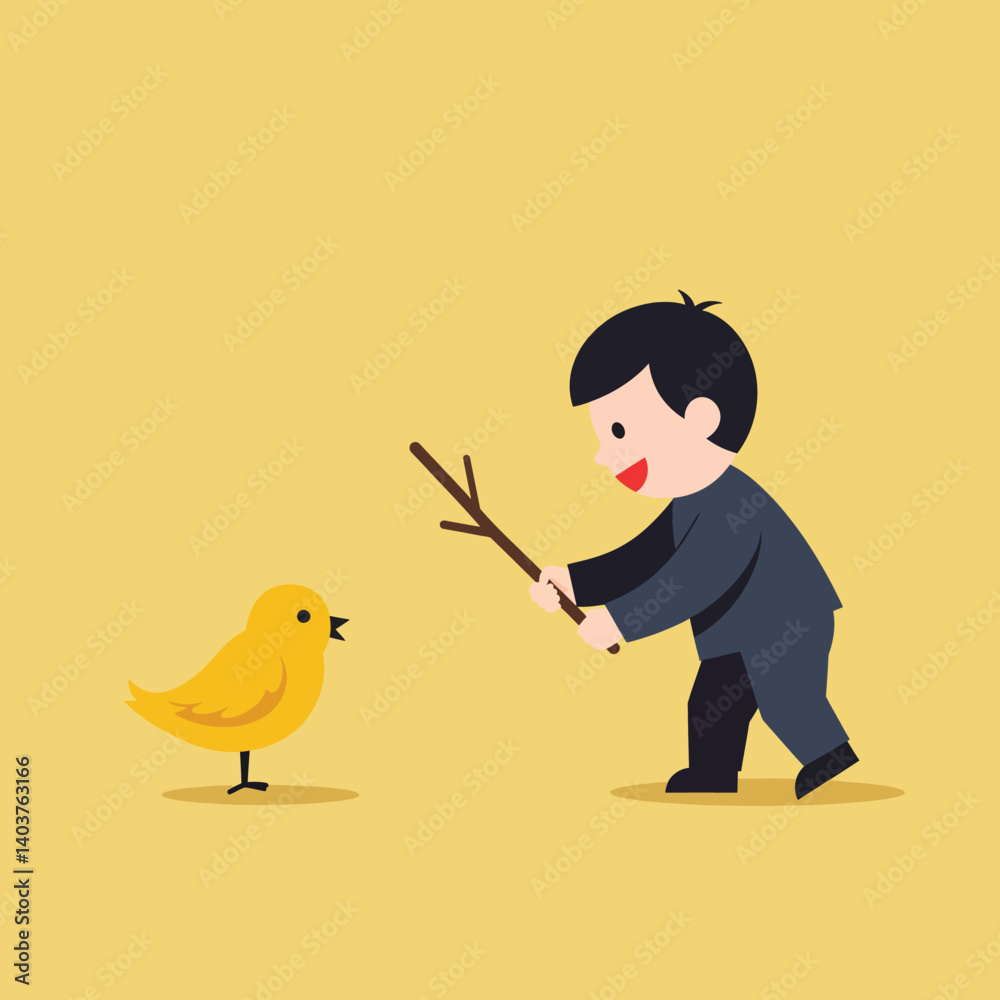 Young boy playing with a cheerful bird in flat vector art Young boy playing with a cheerful bird in flat vector art
