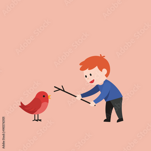 Child interacting with bird using a stick in flat vector art
