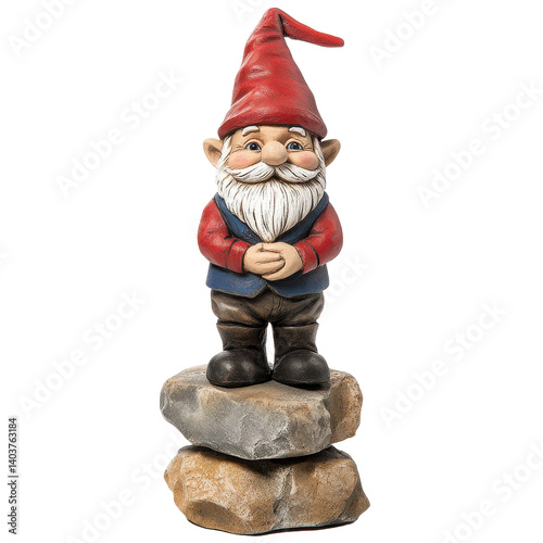 Whimsical gnome figure stands proudly on rocky pedestal in a charming garden display, Whimsical Gnome Figure Standing on Rocky Pedestal on Transparent background, PNG background