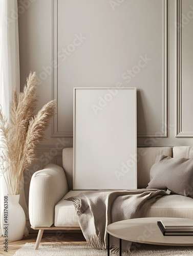 modern interior design mockup background with a blank poster frame, sofa and coffee table in light beige tones, minimalist style, natural lighting, high resolution photography