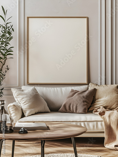 modern interior design mockup background with a blank poster frame, sofa and coffee table in light beige tones, minimalist style, natural lighting, high resolution photography