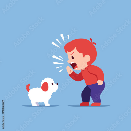 Child yelling at a small white dog in flat vector art style