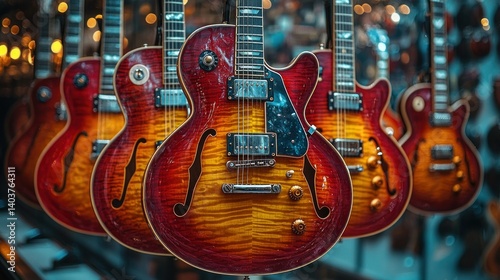 Sunburst Guitars Hanging in a Row