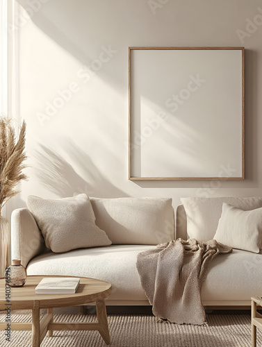 modern interior design mockup background with a blank poster frame, sofa and coffee table in light beige tones, minimalist style, natural lighting, high resolution photography