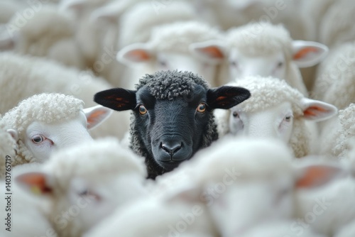 Black sheep stands out from the crowd of identical white sheep, representing concepts of diversity, nonconformity, and individuality