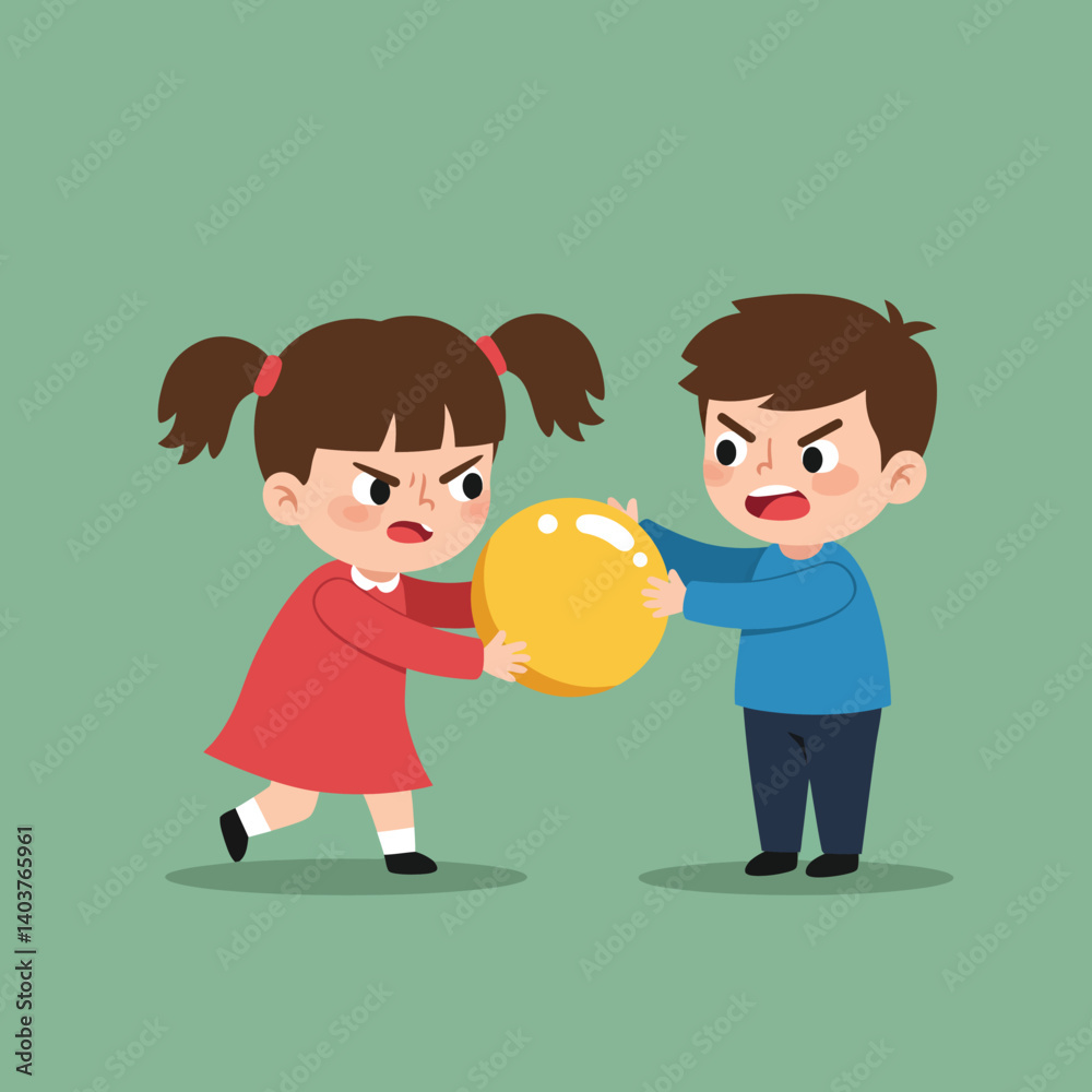 Two children arguing over a yellow ball in flat vector illustration Two children arguing over a yellow ball in flat vector illustration