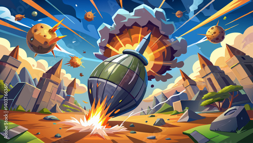 Cluster bomb explosion in modern warfare scenario. Huge explosion with fragments on air