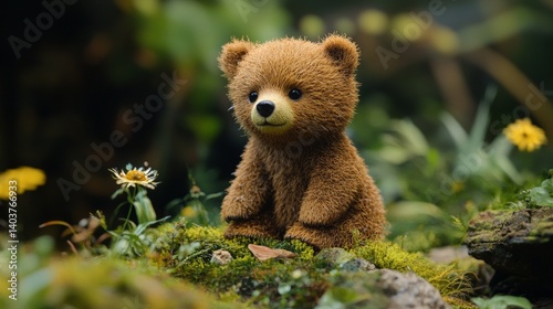 Cute brown bear cub exploring lush greenery and wildflowers in a forest setting. Diorama.