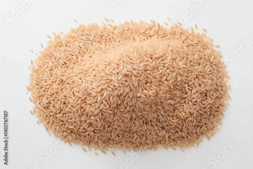 ntegral, uncooked long grain brown rice pile isolated on white background, top view