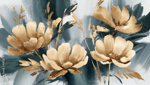 Abstract Flowers - Gold and Blue Painting
