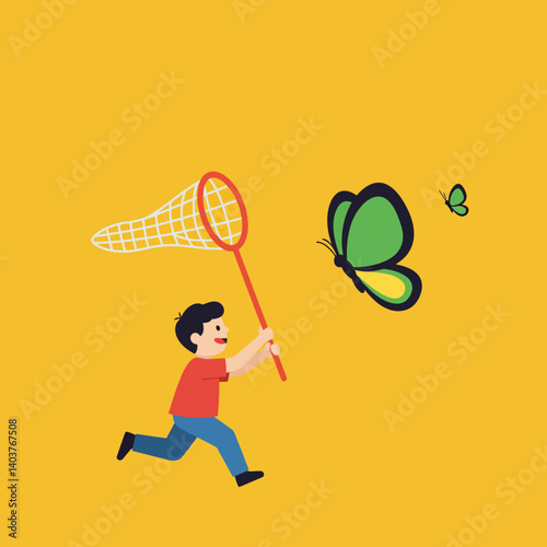 Child chasing colorful butterflies in playful flat vector art illustration