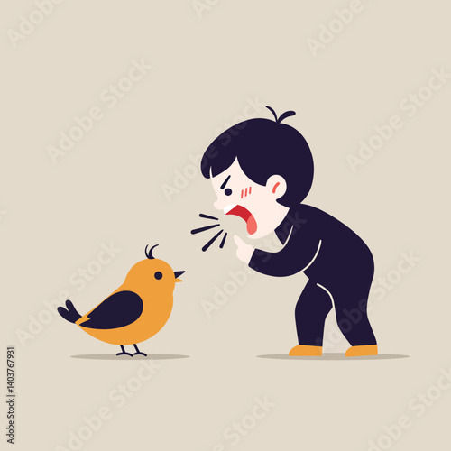 Boy interacting with a bird in a flat, minimal style vector illustration