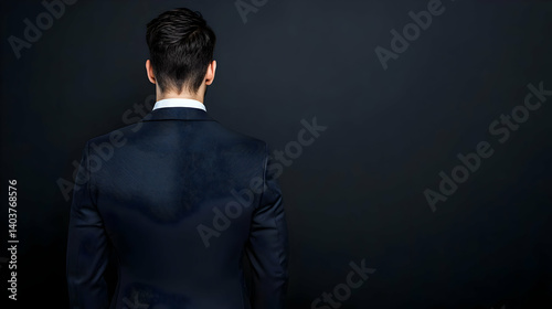 Rear View Of A Man Wearing A Black Suit Against A Dark Background