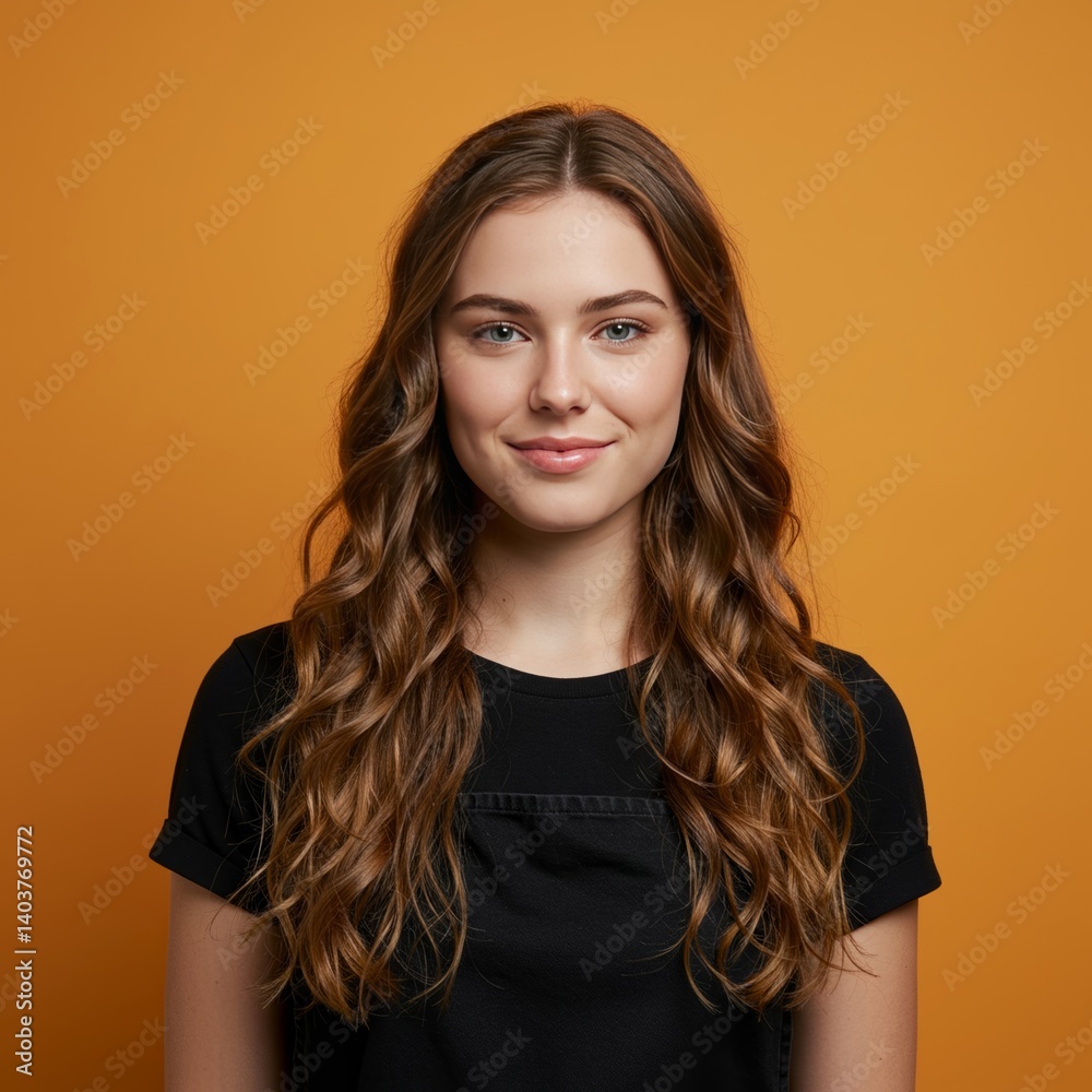 Fototapeta premium Beautiful young woman with curly brown hair smiling at the camera
