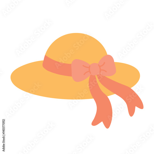 Cute yellow straw hat with pink ribbon and bow in flat cartoon summer style illustration.