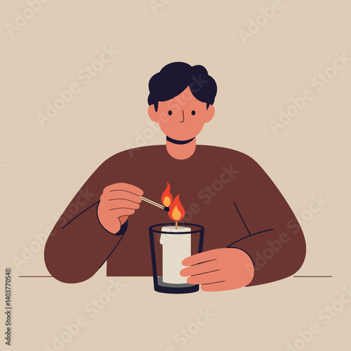Person lighting a candle with matchstick in flat vector art