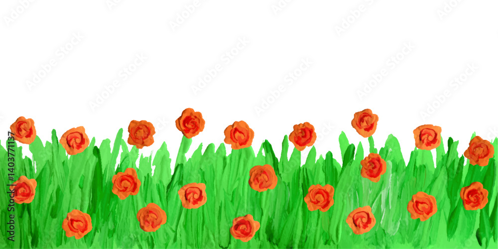 Like kids hand painting acrylic, oil, gouache blooming orange flower lawn. Summer meadow grass plant. Doodle artistic background, banner, border, brush stroke impasto vector texture thick painting
