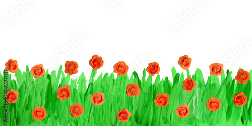 Obraz na płótnie Like kids hand painting acrylic, oil, gouache blooming orange flower lawn. Summer meadow grass plant. Doodle artistic background, banner, border, brush stroke impasto vector texture thick painting w salonie