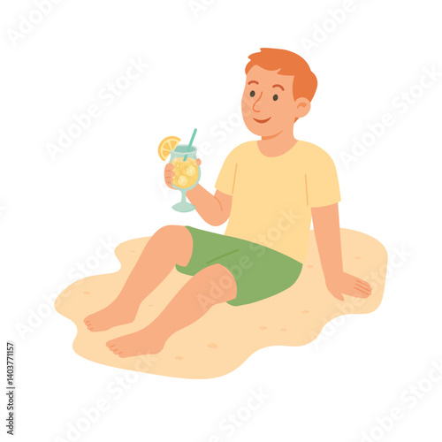 Relaxed boy enjoying a refreshing summer drink while sitting barefoot on warm beach sand.