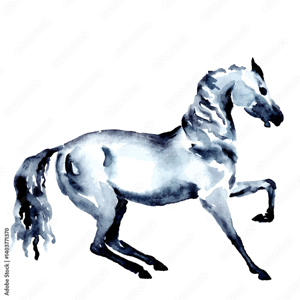 Horse or pony in motion. Watercolor or ink hand painting. Beautiful hand drawing vector on white. Equestrian silhouette. Equine art by artistic brush stroke. Rear up stallion