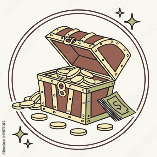 Treasure chest overflowing with coins and cash in vintage style  