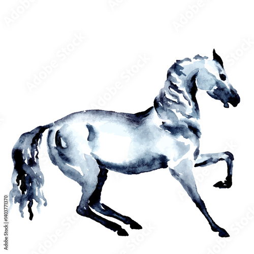 Obraz na płótnie Horse or pony in motion. Watercolor or ink hand painting. Beautiful hand drawing vector on white. Equestrian silhouette. Equine art by artistic brush stroke. Rear up stallion w salonie