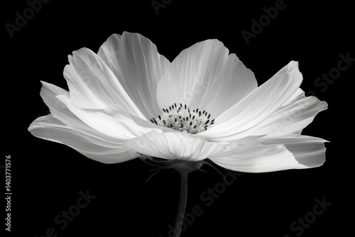 Ethereal Cosmos Flower in Monochrome Serenity Capturing Delicate Petals and Elegant Form on a Black Background