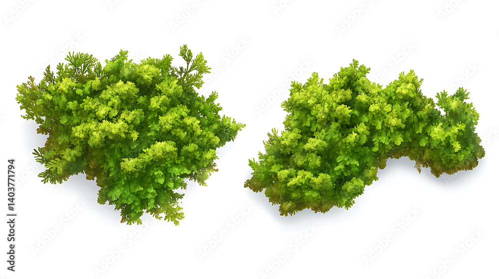 Fototapeta premium Overhead view of two green bushes on white background