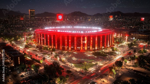 Night view of Allegiant Stadium in Las Vegas, Nevada, illuminated in red, surrounded by city lights and mountains