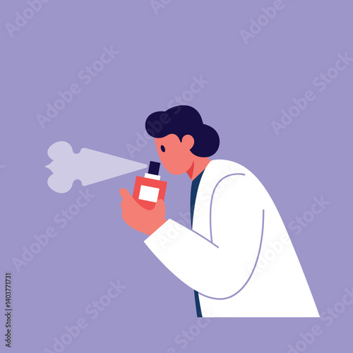 Person in lab coat spraying fragrance in flat vector art style