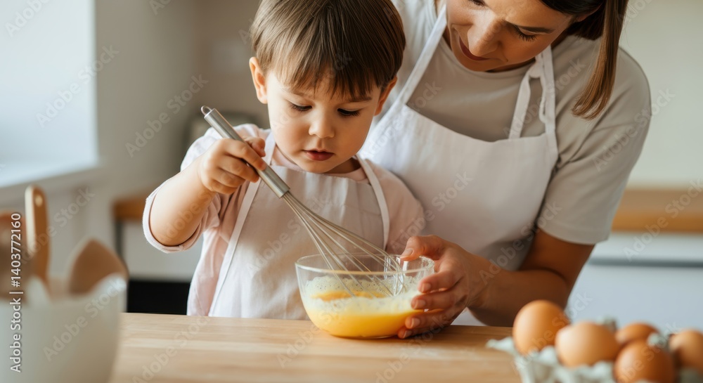 Caucasian woman and child baking together in kitchen: whisking eggs into batter Caucasian woman and child baking together in kitchen: whisking eggs into batter