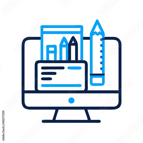Monitor with Pencil Case Icon Representing Design Tools and Digital Creativity Workspace