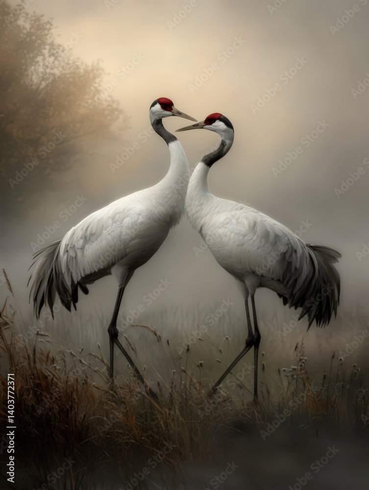Fototapeta premium A pair of majestic cranes dancing their courtship ritual in a misty meadow at sunrise. Their elegant white feathers are tinged with silver and grey