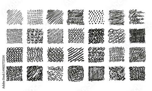 Twenty eight different hand drawn textures. Wavy lines, scribbles, doodles, squiggles and more. Vector set