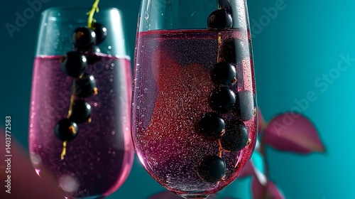 Two vibrant pink cocktails garnished with black currants. photo