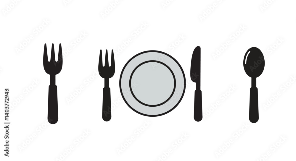 Dining utensils arranged in a minimal style with a plate in vector art Dining utensils arranged in a minimal style with a plate in vector art