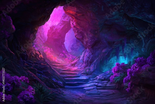 Fantasy Exploration, Enchanted Cave, Mystical Realm, Digital Artwork, Vibrant Colors, Artistic, Imagination Wonderland