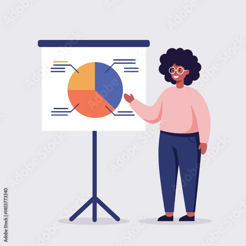 Businesswoman presenting data in a pie chart with flat vector illustration style vector art