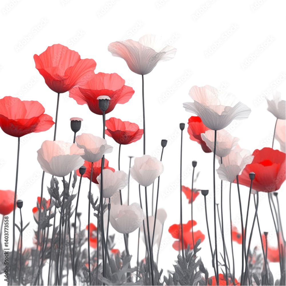 Obraz premium Vibrant red and white poppies in a glitch art field serene beauty and digital distortion