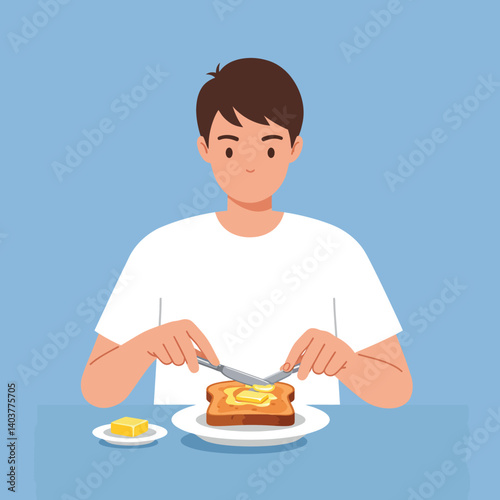 Young man enjoying breakfast with toast and butter in flat vector art